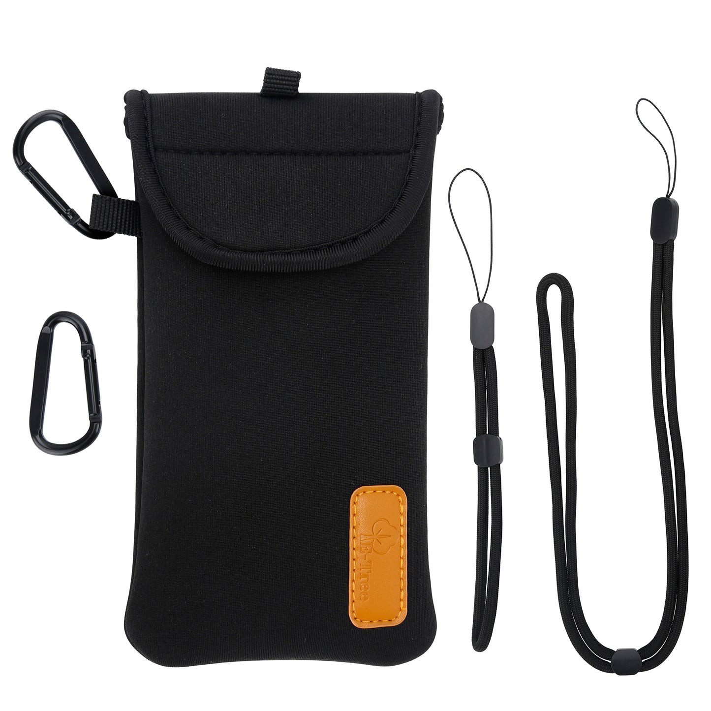 DOB SECHS Durable Black Neoprene Phone Sleeve with Carabiner, Neck & Waist Straps