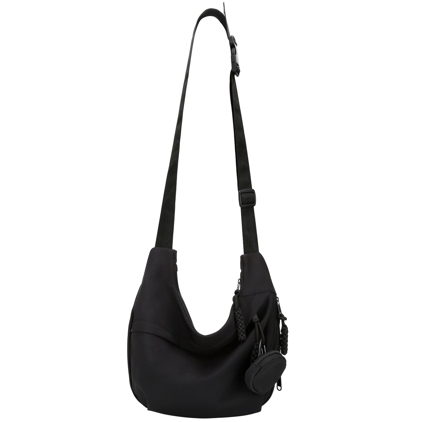 DOB SECHS Black Dumpling Bag with Zippered Earphone Pouch & Adjustable Strap in Durable Nylon