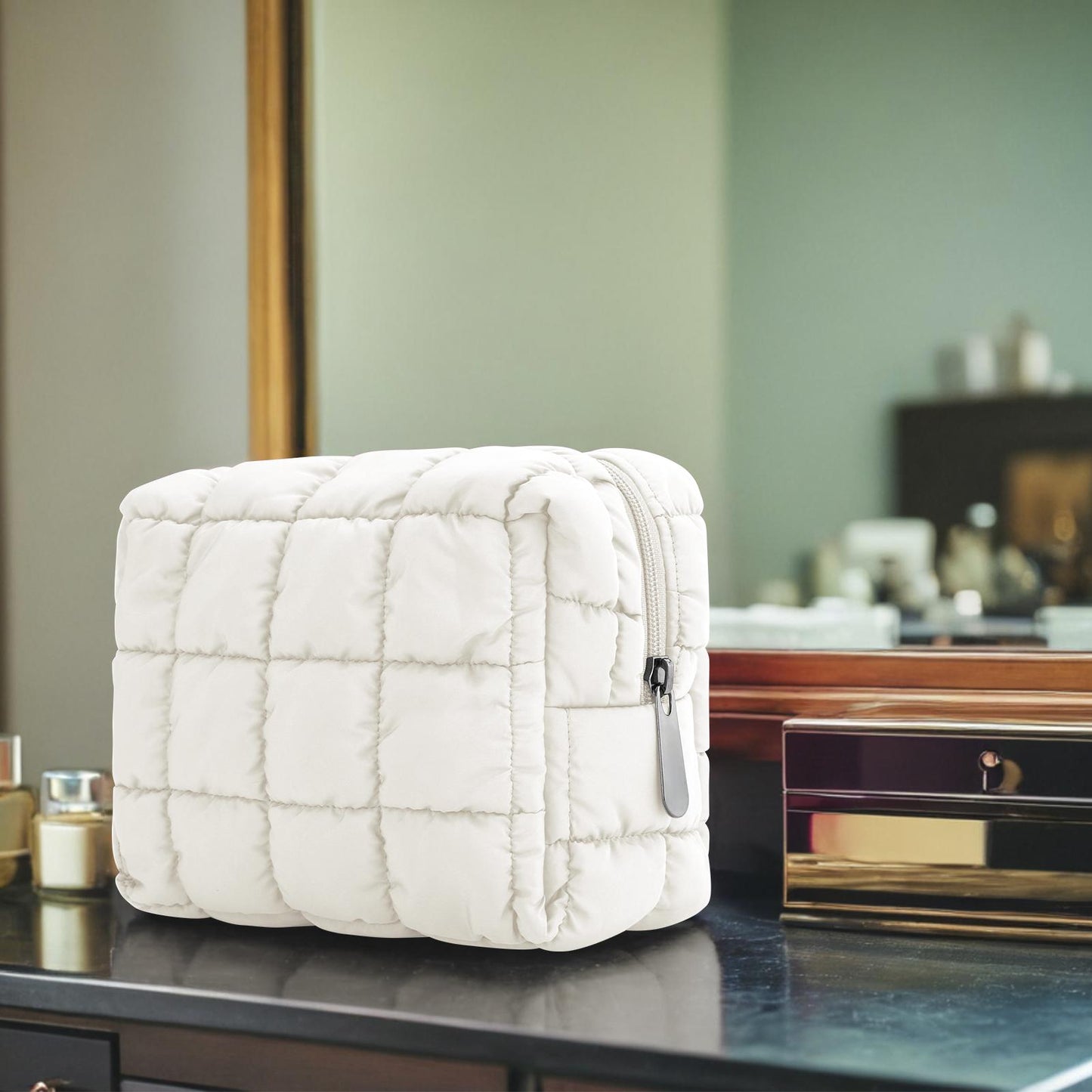 DOB SECHS Stylish Cotton Padded Soft Quilted Cosmetic Bag for Daily Use and Travel Essentials