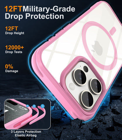 DOB SECHS 3 Layers Airbag MagSafe iPhone Case, with Crystal Ultra Clear Back and Military-Grade Drop Protection