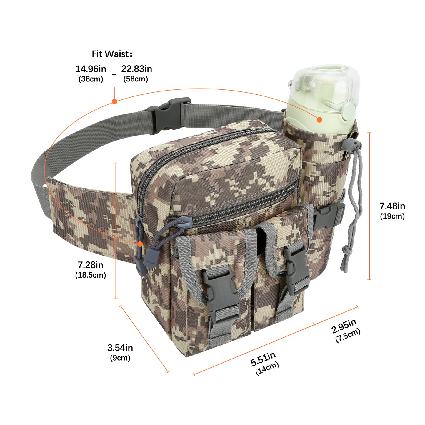 DOB SECHS Urban Camouflage Tactical Fanny Pack with Adjustable Strap & Bottle Holder