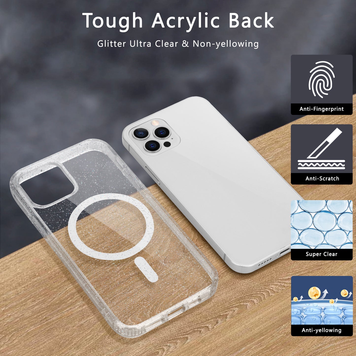 DOB SECHS MagSafe - Funda para iPhone con purpurina blanca, ultra transparente y no amarillenta, compatible con iPhone 15 Series