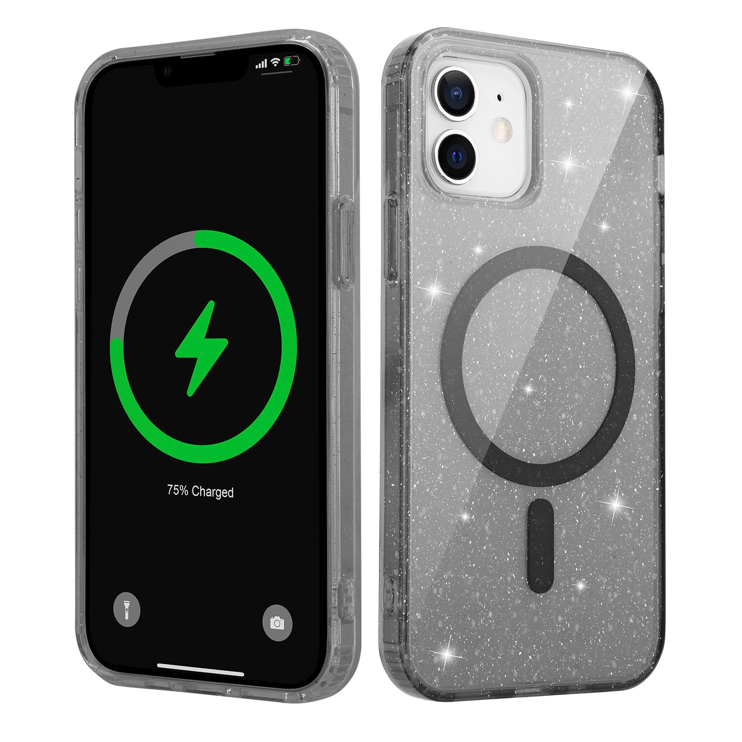 Funda para iPhone 12 y 12 Pro DOB ​​SECHS MagSafe Black Glitter ultra transparente y que no amarillea